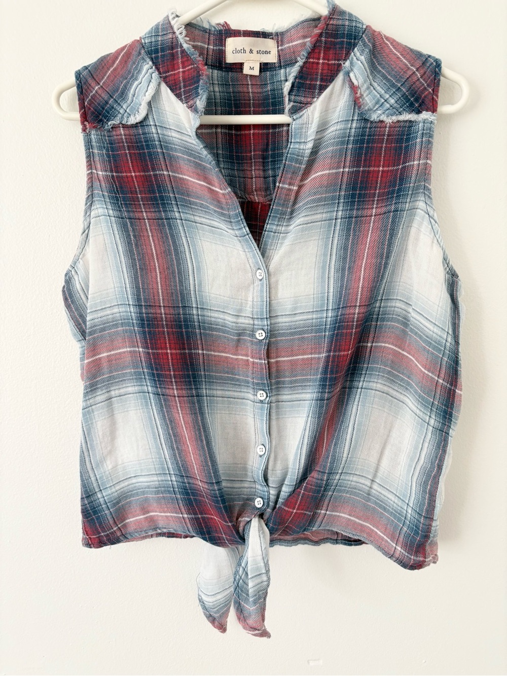 Cloth & Stone Plaid Sleeveless Tie Front Button Down Tank Sunglow Indigo Medium - Picture 7 of 10